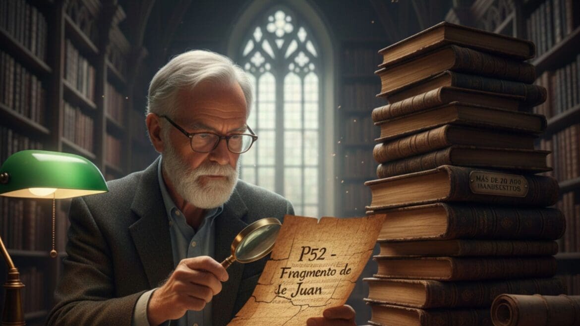 Ilustración artística de un erudito bíblico examinando con una lupa el antiguo fragmento de papiro P52, rodeado de una pila de libros y manuscritos en una biblioteca clásica, representando la investigación del Nuevo Testamento. Dam Wallace.