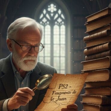 Ilustración artística de un erudito bíblico examinando con una lupa el antiguo fragmento de papiro P52, rodeado de una pila de libros y manuscritos en una biblioteca clásica, representando la investigación del Nuevo Testamento. Dam Wallace.